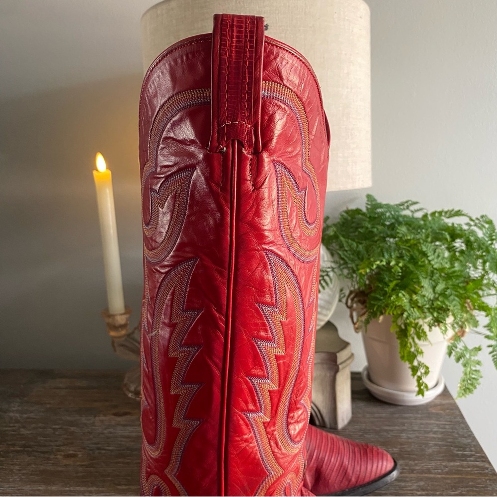 Vtg LARRY MAHAN Exotic Lizard Leather Tall Western Cowboy Boots Womens 8B Red - Picture 7 of 16